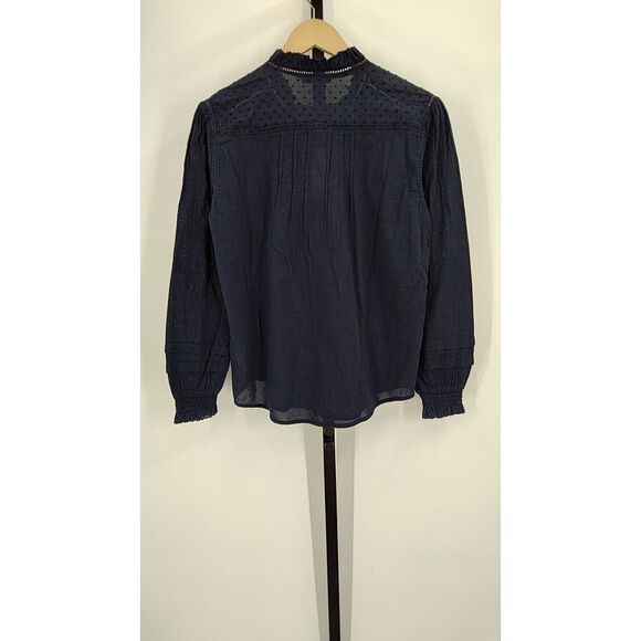 Quince Women Organic Textured Cotton Peasant Blouse Navy Sleeved Top M - Picture 3 of 3